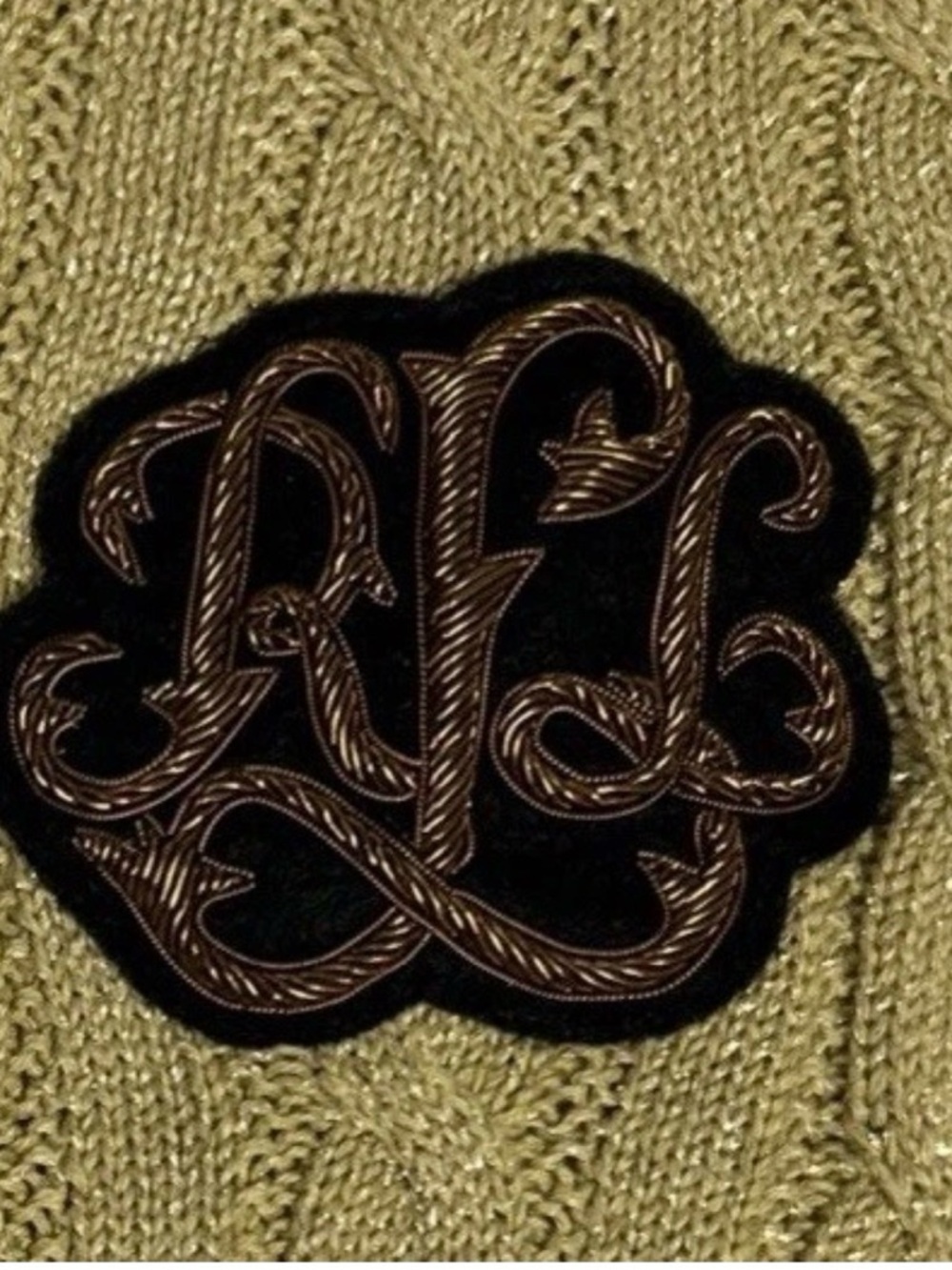 Ralph Lauren Gold Cable-Knit Crewneck Sweater with Embroidered Patch - Picture 4 of 5